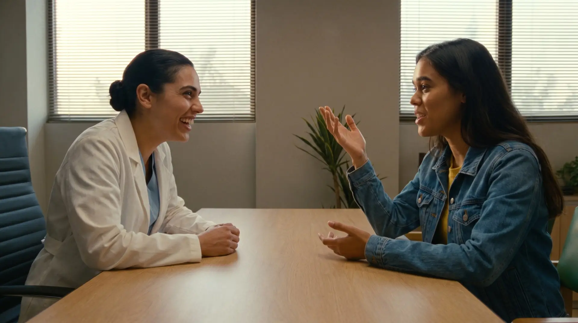 Doctora joven platicando y riendo con su paciente durante una consulta